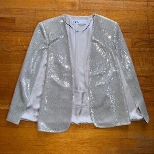Zara Womens Silver Sequin Cape Blazer Open Front Party Jacket XS 2687/001/808